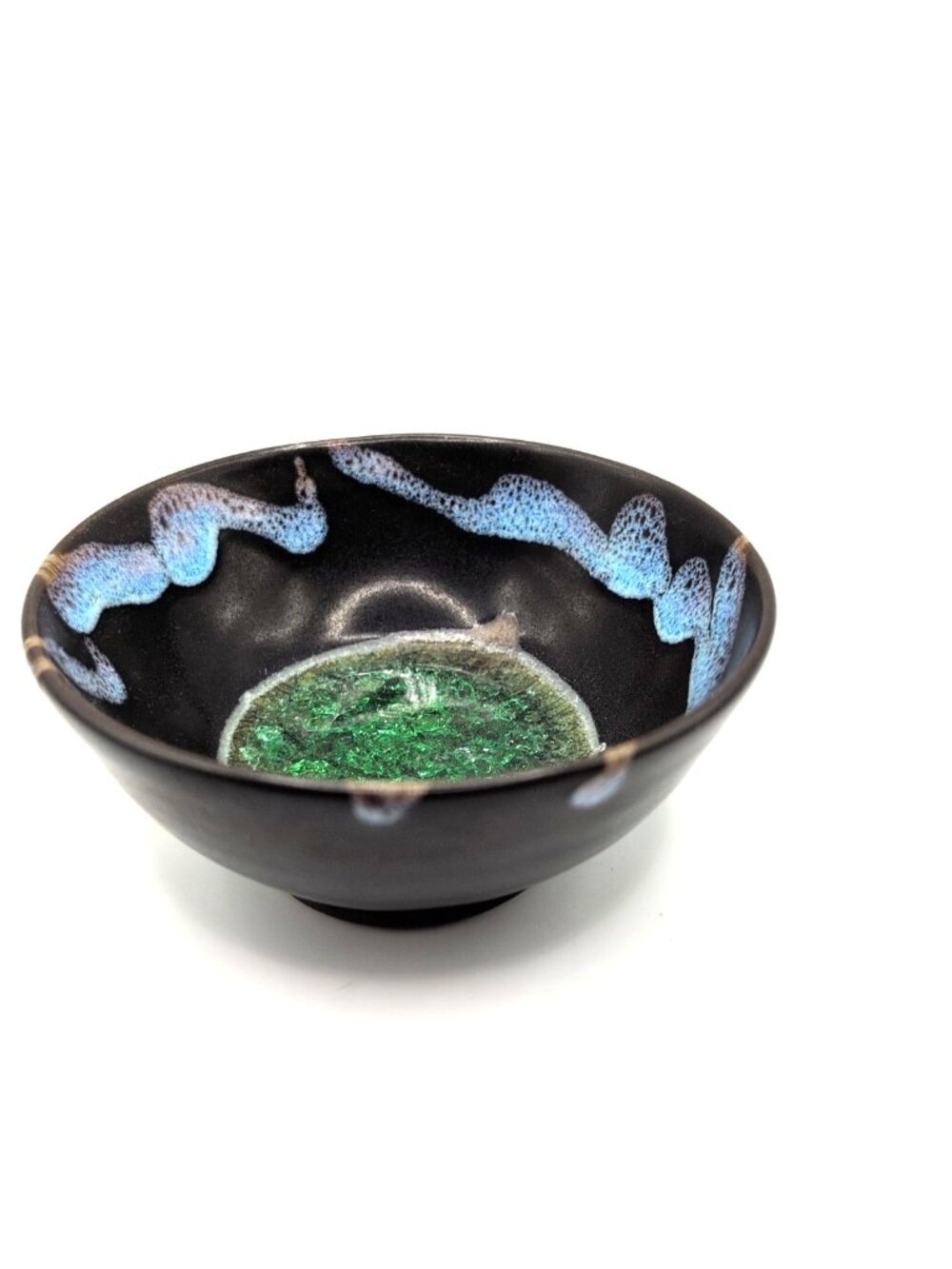 Japanese 4" Green Agate Ornamental Stoneware Tea Bowl Black/Blue *1 Agate Chip